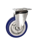 Six Inch Blue Rubber Castor Wheels With Silent 360 Degree Swivel Rotation And Heat Resistant Build For Smooth Cart Shelf Use Sweet Rolling Set Of Four Top Notch Heavy Duty Floor Safe Caster Wheels, showcasing a single caster with stainless steel bracket.