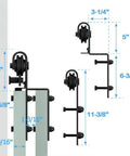 Diagram of Beefed Up Barn Door Sliding Hardware Kit Pro Grade 16FT with J-shaped rollers and dimensions in black finish.