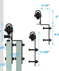 Detailed diagram of sliding barn door hardware kit showing measurements of J-shaped rollers and mounts, black finish, for double doors.