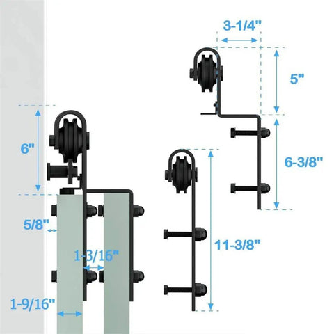 Detailed diagram of sliding barn door hardware kit showing measurements of J-shaped rollers and mounts, black finish, for double doors.