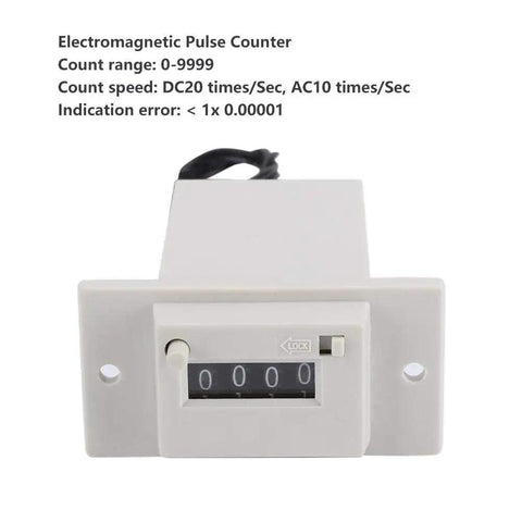 Four Digit Mechanical Pulse Counter Totalizer, Electromagnetic Industrial Counter, DC12V Powered for Water Meter Systems, Electricity Monitoring, Production Line Automation, A Go To Workhorse for High Accuracy and Fast Counting. Front view with 4-digit window and lock switch.