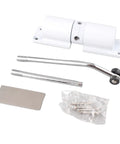One Piece Surface Mounted Door Closer For Outdoor Use, parts laid out, includes white closer, metal rods, and screws