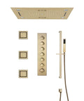 Premium Recessed Led Bluetooth Shower Combo With Heavy Duty Slide Rail 6 Way High Pressure Rainfall Tub Faucet Kit In Brushed Nickel, control panel and shower heads shown.