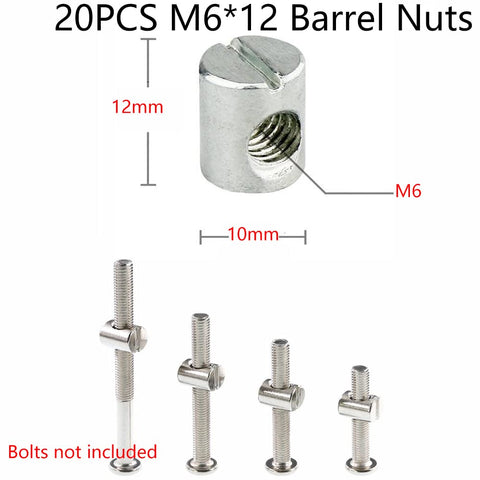 Diagram of M6 X 12 mm barrel nuts with size specifications, part of a replacement hardware kit for bunk beds and furniture.