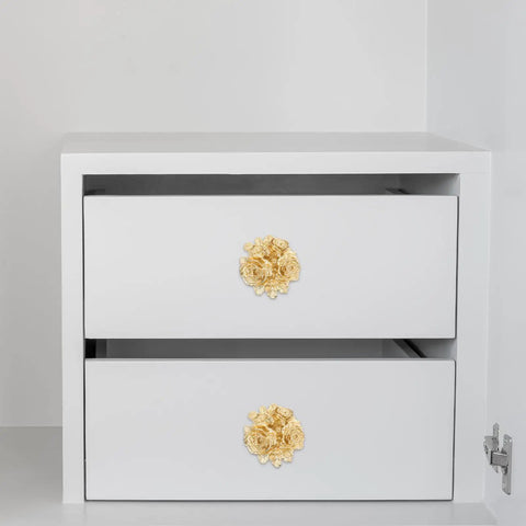 Brass Peony Flower Drawer Pulls Dope Vintage Floral Cabinet Knobs Gold Hardware For Kitchen Bathroom Bedroom Dressers Easy Grip Handles With East Meets Modern Style installed on white drawers.