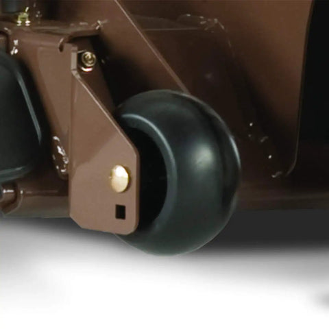 Close-up of Anti-Scalp Deck Wheel For 48 To 72 Inch Mower Decks With TrimMaster Left And Right Roller Kits, installed on deck