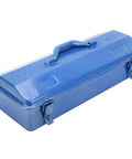 Heavy Duty All Steel Iron Toolbox Featuring A Bulletproof Self Locking Buckle And Smooth Retractable Telescopic Handle Built For Tough Job Sites And Garage Projects, blue toolbox with a lid and handle.