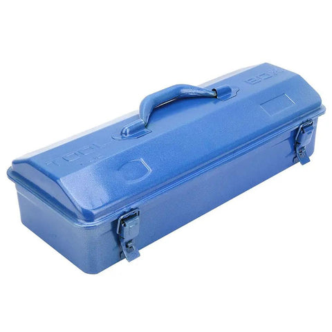 Heavy Duty Iron Tool Chest Organizer With Secure Padlock Clasp And Dual Carry Grips, blue metal toolbox side view.