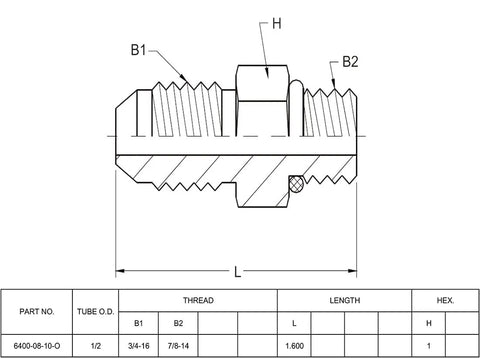 Two Pack Heavy Duty Hydraulic Hose Fitting Adapter One Half Inch Male JIC 37 Degree Flare To Five Eighth Inch Male O Ring Boss Seven Eighth Inch UNF SAE Straight Pipe Joint Connector Carbon Steel technical drawing