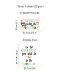 Be The Change You Wish To See In The World Wall Decals size chart showing typesetting and display dimensions.