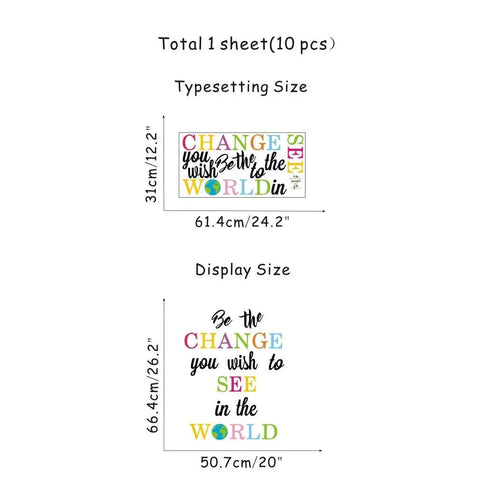 Be The Change You Wish To See In The World Wall Decals size chart showing typesetting and display dimensions.