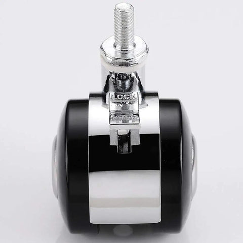 Heavy Duty 50Mm Twin Wheel Casters With M6 Threaded Stem Smooth Rollin Black Nylon Furniture Swivel Striders Bringing Dead Sure Brake Grip set up close showing locking mechanism.