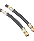 Four Pack Car Tire Valve Extensions 8.25 Inch Flexible Valve Stem Extenders For Vehicles Trucks RVs And More Universal Fit Easily Inflate Deflate In Tight Wheel Wells, showing flexible black and copper stems.