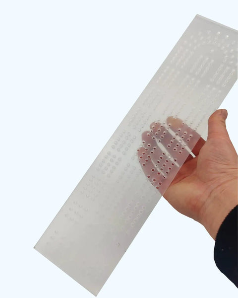 Built Tough Acrylic Cribbage Template And 1/4 Inch Thick Router Guide Kit For Building Slick Game Boards with clear hole layout.