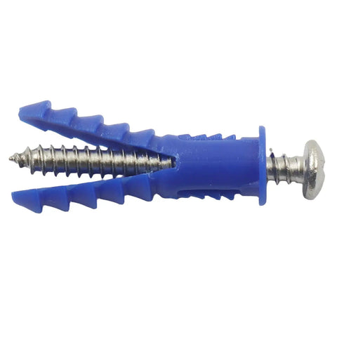 Close-up of blue plastic anchor and stainless screw from All In One Drywall Anchors And Screws Kit With 100 Blue Plastic Anchors And 201 Stainless Screws For Shelves Pictures Mirrors Rust Resistant Wall Fasteners Set Easy Mounting.