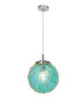 Coastal Sea Glass Pendant With Aqua Glass, Netted Buoy Design In Brushed Nickel, Natural Rope Accents, Ocean Style Hanging Light