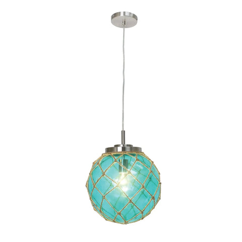 Coastal Sea Glass Pendant With Aqua Glass, Netted Buoy Design In Brushed Nickel, Natural Rope Accents, Ocean Style Hanging Light