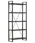 Industrial Five Tier Bookcase With Solid Mango Wood Shelves And Black Powder Coated Steel Frame Seventy Point Nine Inches Tall