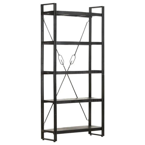 Industrial Five Tier Bookcase With Solid Mango Wood Shelves And Black Powder Coated Steel Frame Seventy Point Nine Inches Tall
