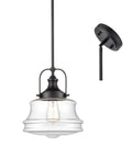 Black Farmhouse Pendant Light With Clear Glass Schoolhouse Style, E26 Dimmable Hanging Fixture, black finish, clear glass shade.