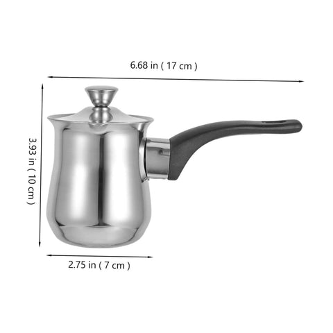 Stainless steel Turkish Teapot 180ml Milk Frothing Pot with measurements, side view. Induction coffee pot for quick brews.