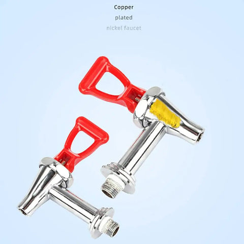 Heavy Duty Commercial Water Heater Boils In Five Minutes With Nonstop Flow Using Smart Step Heating Tech features nickel faucet with red handles.