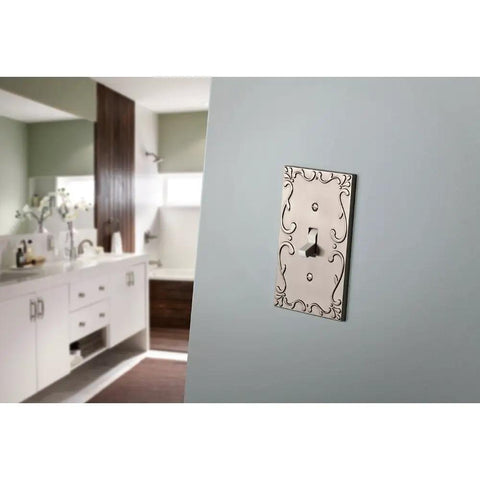 Classic Lace Three Pack Brushed Nickel Outlet Covers For 1 Gang Wall Plate Duplex Switch Plates Victorian Style Electrical Covers W35071V-SN-C in bathroom setting