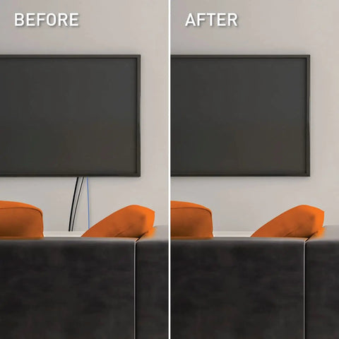 Before and after image showing In Wall TV Power Outlet Kit White Complete Cable Grommet Set installation for a clean wall.
