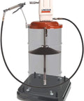Lincoln 917 Pro Grade 50 To 1 Pneumatic Grease Pump, heavy duty air operated for 120 lb drums, shown with hose and base