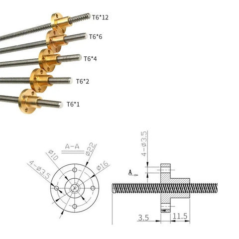 T6 Stainless Steel Trapezoidal Lead Screw, 6mm Diameter, 1mm Pitch, 2mm Lead, Copper Nut, 100mm To 1000mm Length, Heavy Duty For 3D Printers, Stepper Motors, And CNC Machines Today. T6*12 and T6*6 sizes with copper nut, technical drawing