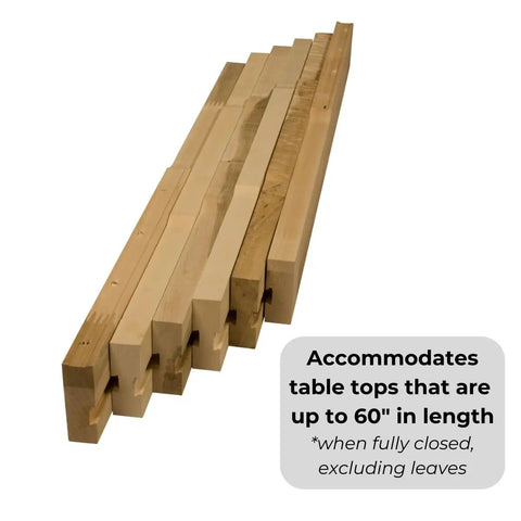 Premium Soft Maple Table Slide Set Offering Heavy Duty Extension Hardware For Four Leg Dining Tables To Guarantee A Smooth Ride With Absolutely No Clutch Hassle Today, showing maple slide pieces.