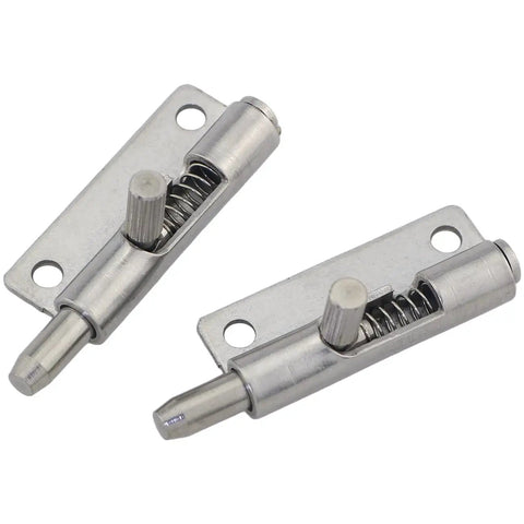 Stainless Steel Retractable Spring Push Latch Set with left and right mount, pin style, for electrical cabinets and pet cages, 2.28x0.79x0.35 inches.