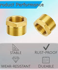 Brass reducer hex bushings, 2pcs, 3/4 in NPT male to 1/2 in NPT female, heavy-duty pipe fittings.