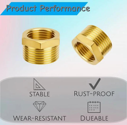 Brass reducer hex bushings, 2pcs, 3/4 in NPT male to 1/2 in NPT female, heavy-duty pipe fittings.