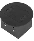 Sleek Stainless Steel Recessed Floor Outlet with Dual 3 Prong Sockets, Heavy Duty 20A 2500W Round Electrical Receptacle in black.