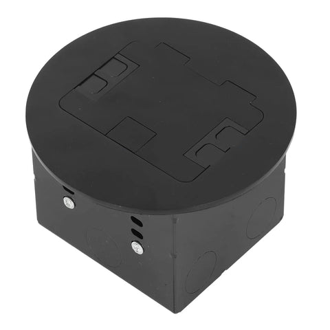 Sleek Stainless Steel Recessed Floor Outlet with Dual 3 Prong Sockets, Heavy Duty 20A 2500W Round Electrical Receptacle in black.