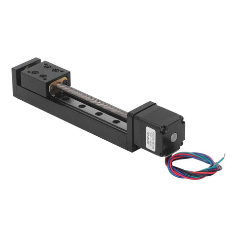Precision High Speed 100mm Linear Slide Table With 28 Lead Stepper Motor Single Guide Rail, showing motor and rail for CNC routers.