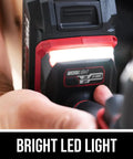 Close-up of the Power Core 20 Brushless Cordless Drill Driver Kit's LED work light with bright illumination.