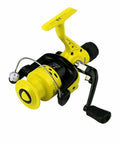 Yellow and black spinning fishing reel with a 12-ball bearing system, heavy-duty metal body, suitable for saltwater and freshwater.