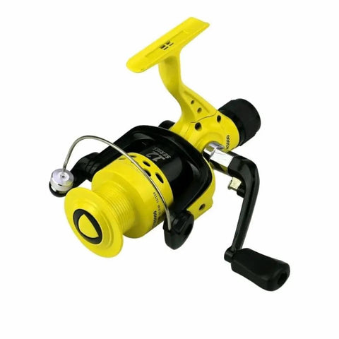 Yellow and black spinning fishing reel with a 12-ball bearing system, heavy-duty metal body, suitable for saltwater and freshwater.