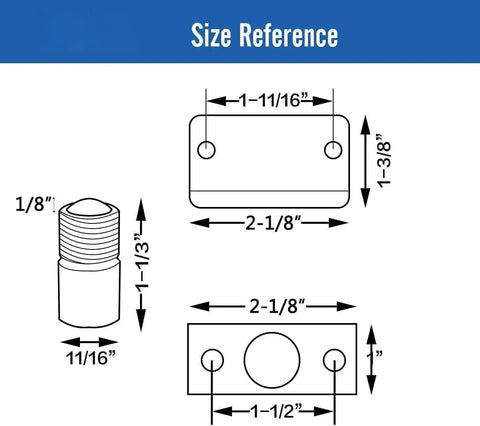 Size reference for 2 Pack Ball Spring Closet Door Catch Replacement For French Doors And Cabinets with dimensions labeled