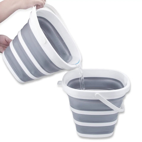 Collapsible 10L Water Bucket for Outdoor Cleaning and Camping; grey plastic bucket pouring water, with space-saving design