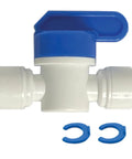 1/4 Inch Quick Connect Shut Off Valve Push To Connect Plumbing Fitting With Secure Locking Clips, includes clips and durable polymer design.