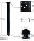 Diagram of 28 Inch Square Adjustable Metal Table Legs With Leveling Feet, black finish showing dimensions and components.