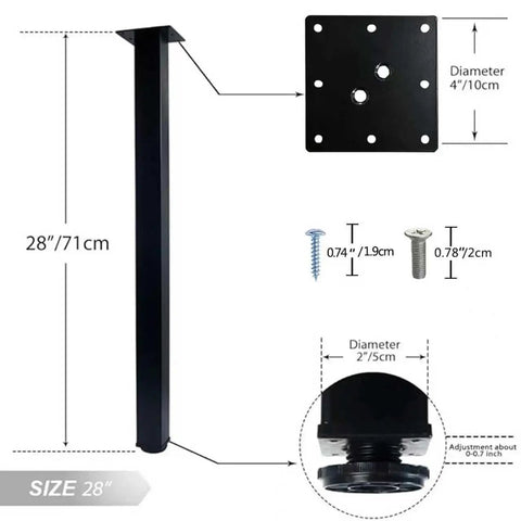 Diagram of 28 Inch Square Adjustable Metal Table Legs With Leveling Feet, black finish showing dimensions and components.