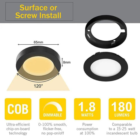 Under Cabinet Lighting Kit Plug In With Touch Dimmer, black puck light diagram showing dimensions, 8mm thick, 65mm wide, 6 pack