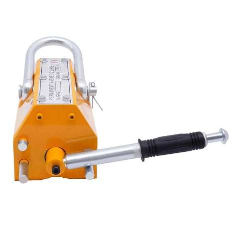 Heavy Duty Permanent Magnet Lifter For Steel Sheets With Grippy Rubber Handle and solid metal body, showing toggle switch and sturdy U hook.