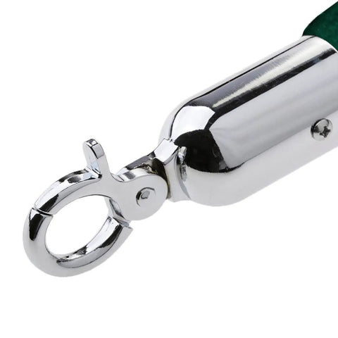 Close-up of silver hook on Green Velvet Stanchion Rope 2 Pack, 5 Ft Crowd Control Barriers With Silver Hooks for VIP events.