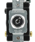 Heavy Duty Key Locking Three Way AC Quiet Switch 20 Amp 120 To 277 Volt Chrome Lock Dome front view with wiring terminals