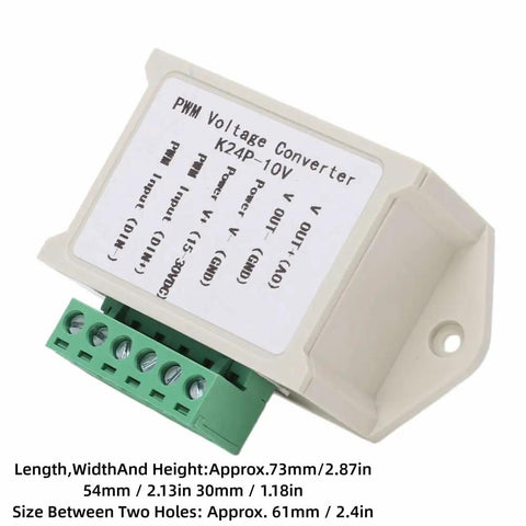 PWM To 0-10V Signal Converter Module For 24V Digital To Analog Output Plug And Play 0-10V Converter For PLC And Industrial Control Boards Rock Solid Interface With Reverse Connection Protection, showing connectors and housing details.